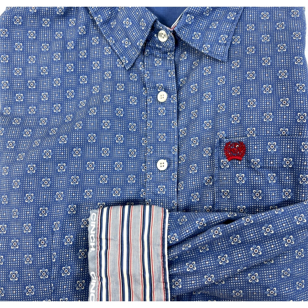 Cinch Women's Blue Geometric Floral Button Up Contrasting Cuffs Shirt Size XL